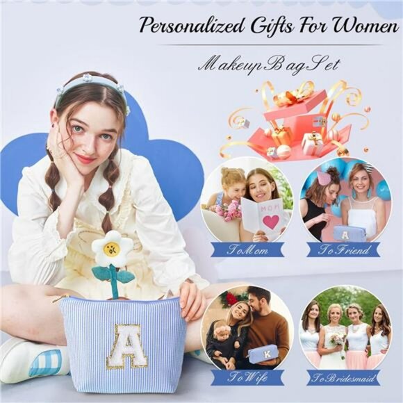 Blue Initial Makeup Bag for Girls Teen Travel Cosmetic Pouch Gift Organizer - Picture 5 of 7